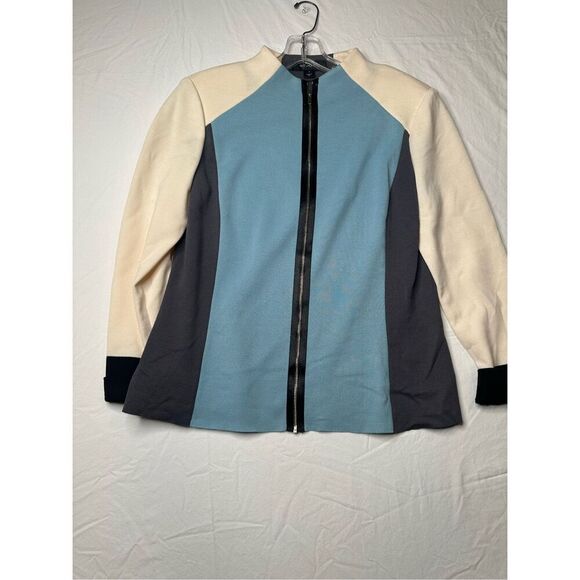 Gorgeous St. John Navy, Blue & Cream Color Block Zipper Jacket, Size 8 - Picture 1 of 8